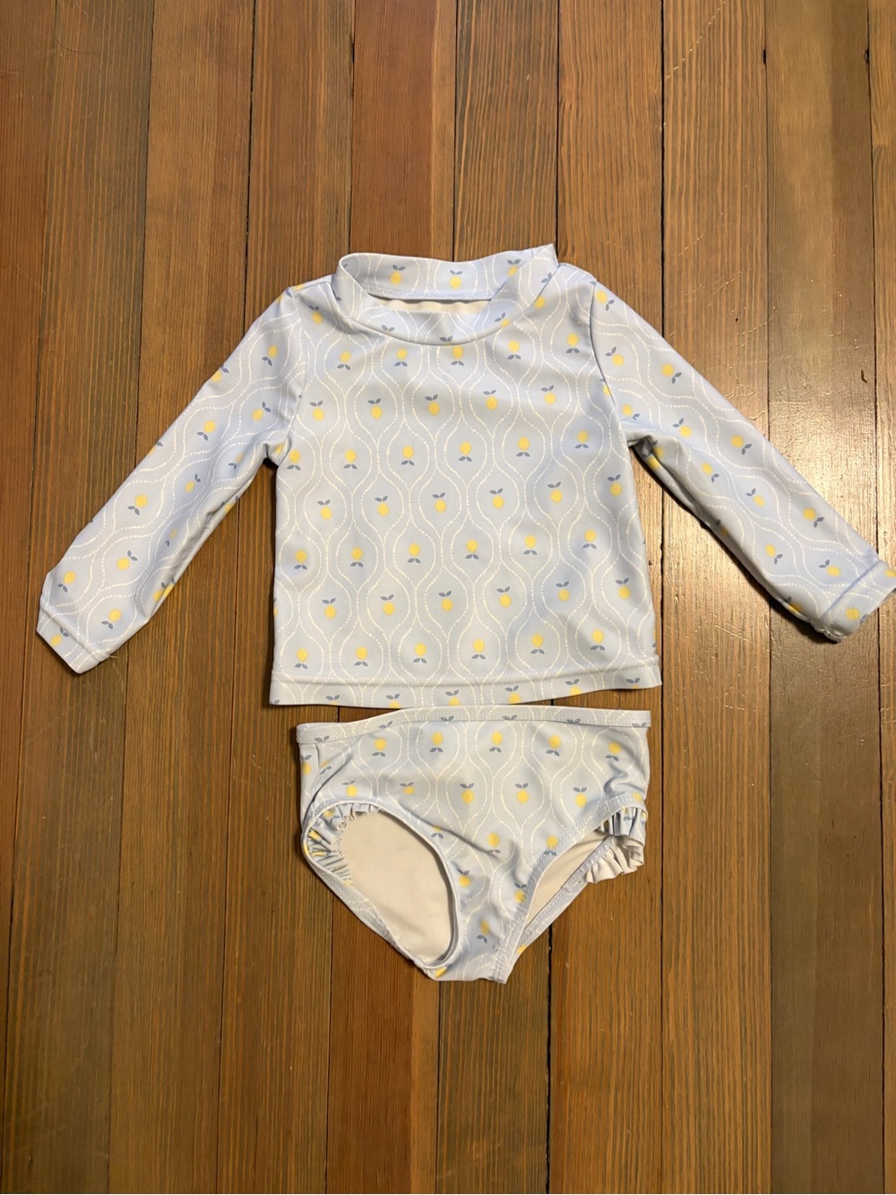 Kids Long-Sleeve Rash Guard Swim Set - Light Blue with Yellow Print size 9 no